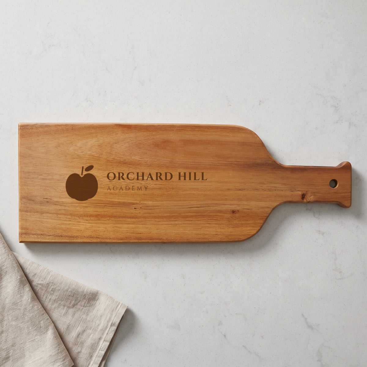 Custom Logo Slate & Acacia Serving Board, sample logo engraved dark brown on the acacia wood back