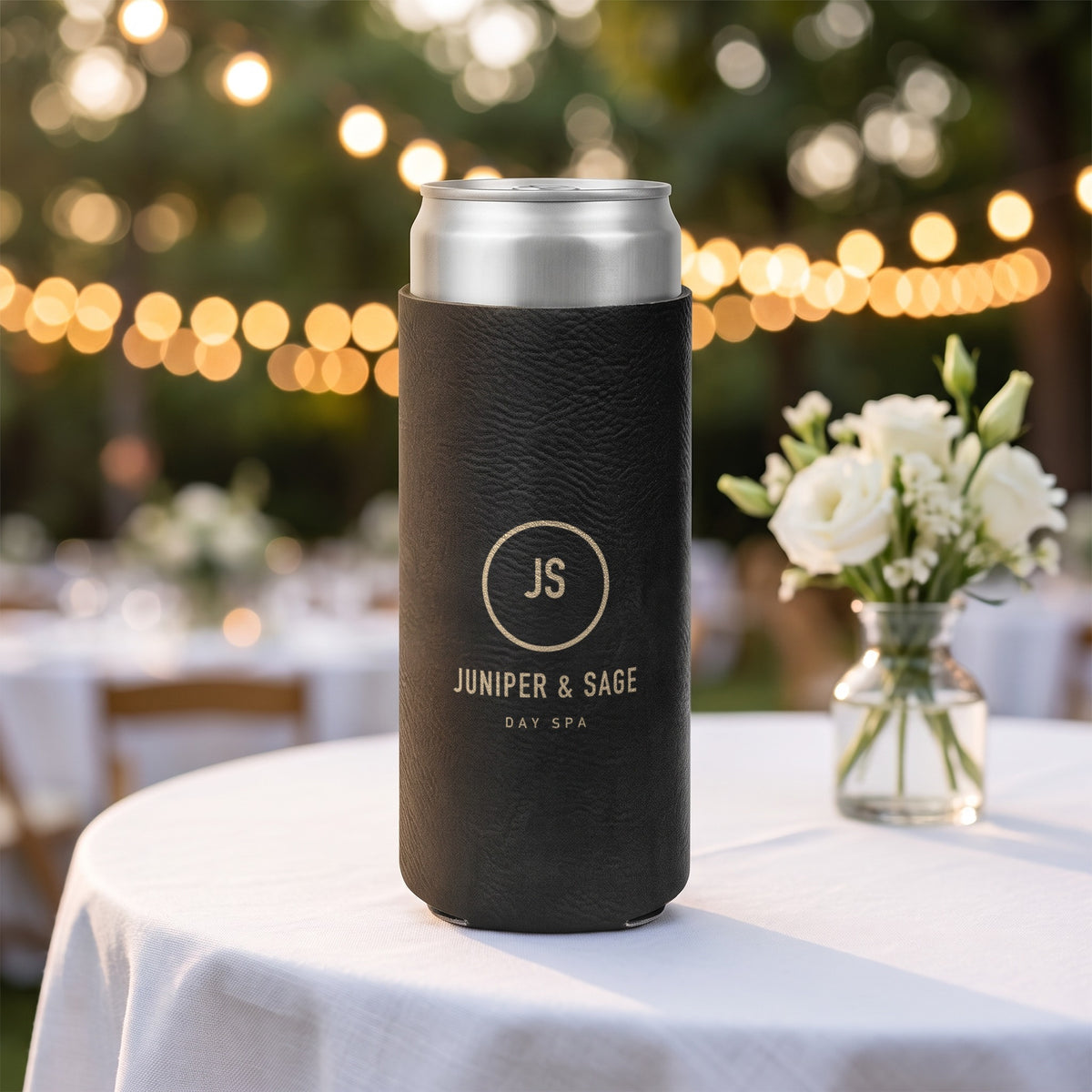 Custom Logo Leatherette Slim Can Coolers, black/gold with a gold engraved sample logo on a wedding reception table
