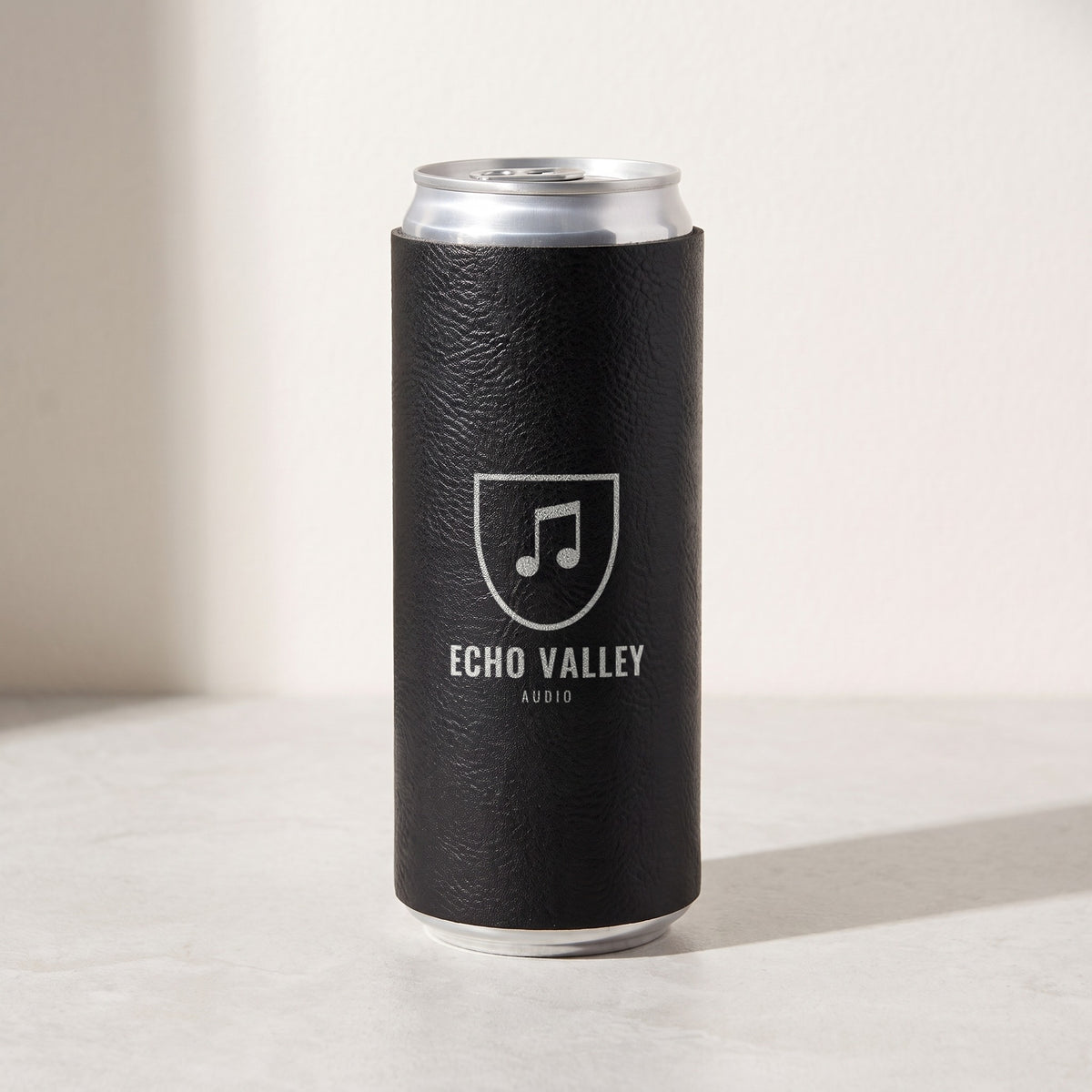 Custom Logo Leatherette Slim Can Coolers, black/silver with a silver engraved sample logo