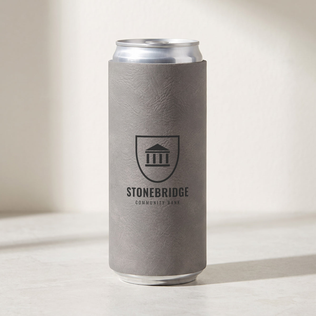 Custom Logo Leatherette Slim Can Coolers, gray with a dark engraved sample logo