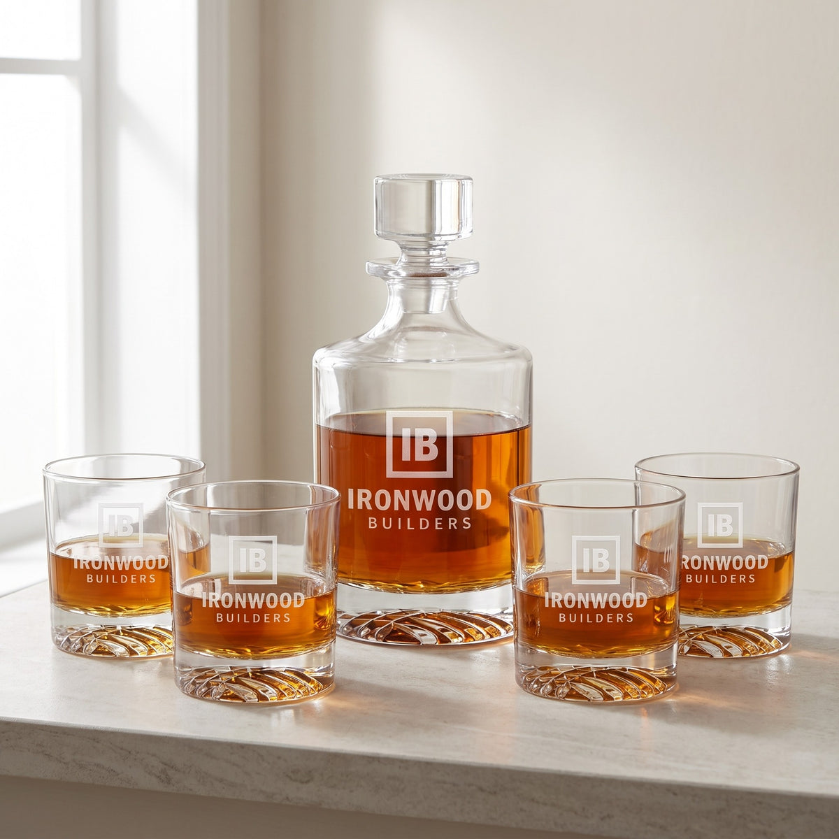 Custom Logo Whiskey Decanter Gift Sets with 4 Glasses – 850 mL Round Decanter + Four 9 oz Rocks Glasses, with sample engraved logo