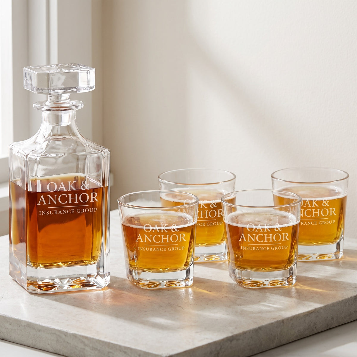 Custom Logo Whiskey Decanter Gift Sets with 4 Glasses – 750 mL Square Decanter + Four 11 oz Rocks Glasses, with sample engraved logo
