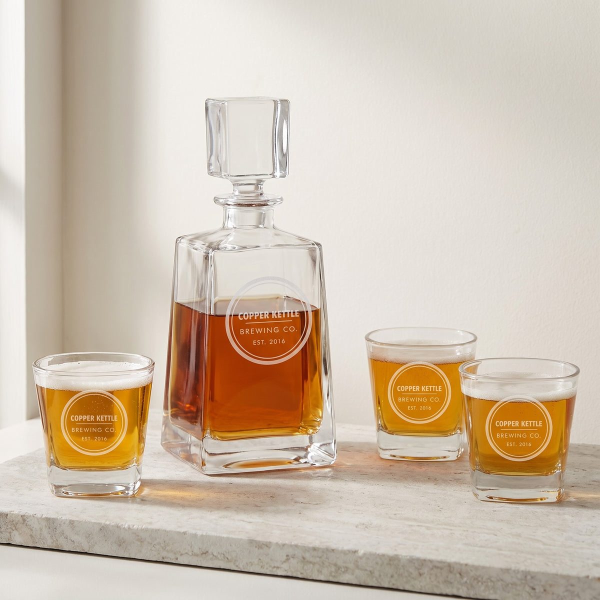 Custom Logo Whiskey Decanter Gift Sets with 4 Glasses – 750 mL Tequila Decanter + Four 8 oz Glasses, with sample engraved logo
