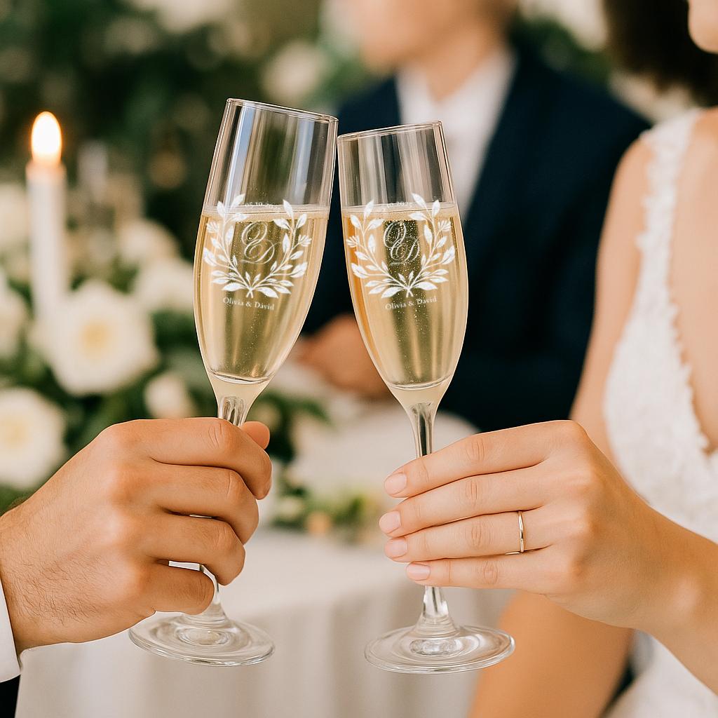 Engraved Champagne Flutes Wedding Gift  Personalized Toasting Glasses for Bride and Groom  Custom Wedding Glassware