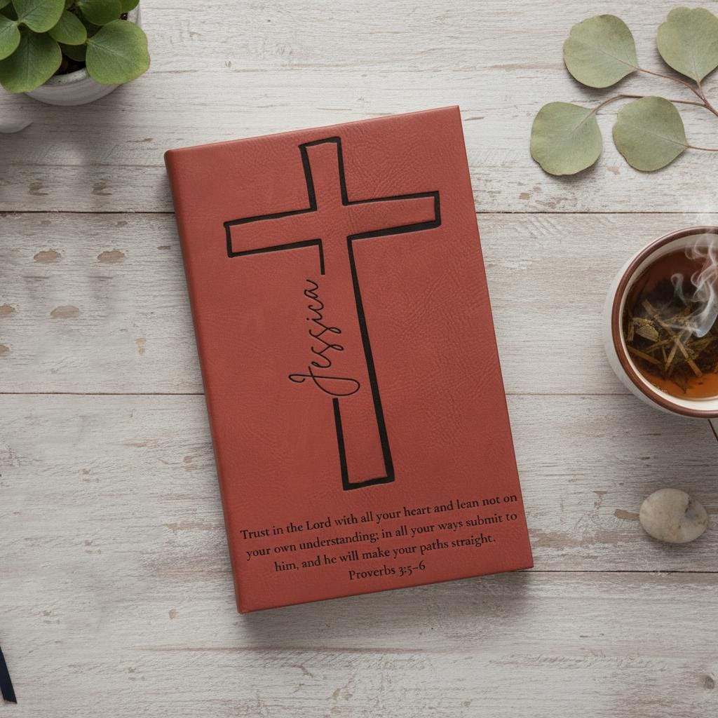 Personalized Prayer Journal  Engraved Cross Cover, Name & Bible Verse