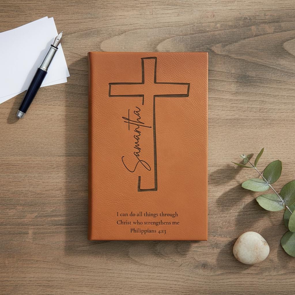 Personalized Prayer Journal  Engraved Cross Cover, Name & Bible Verse