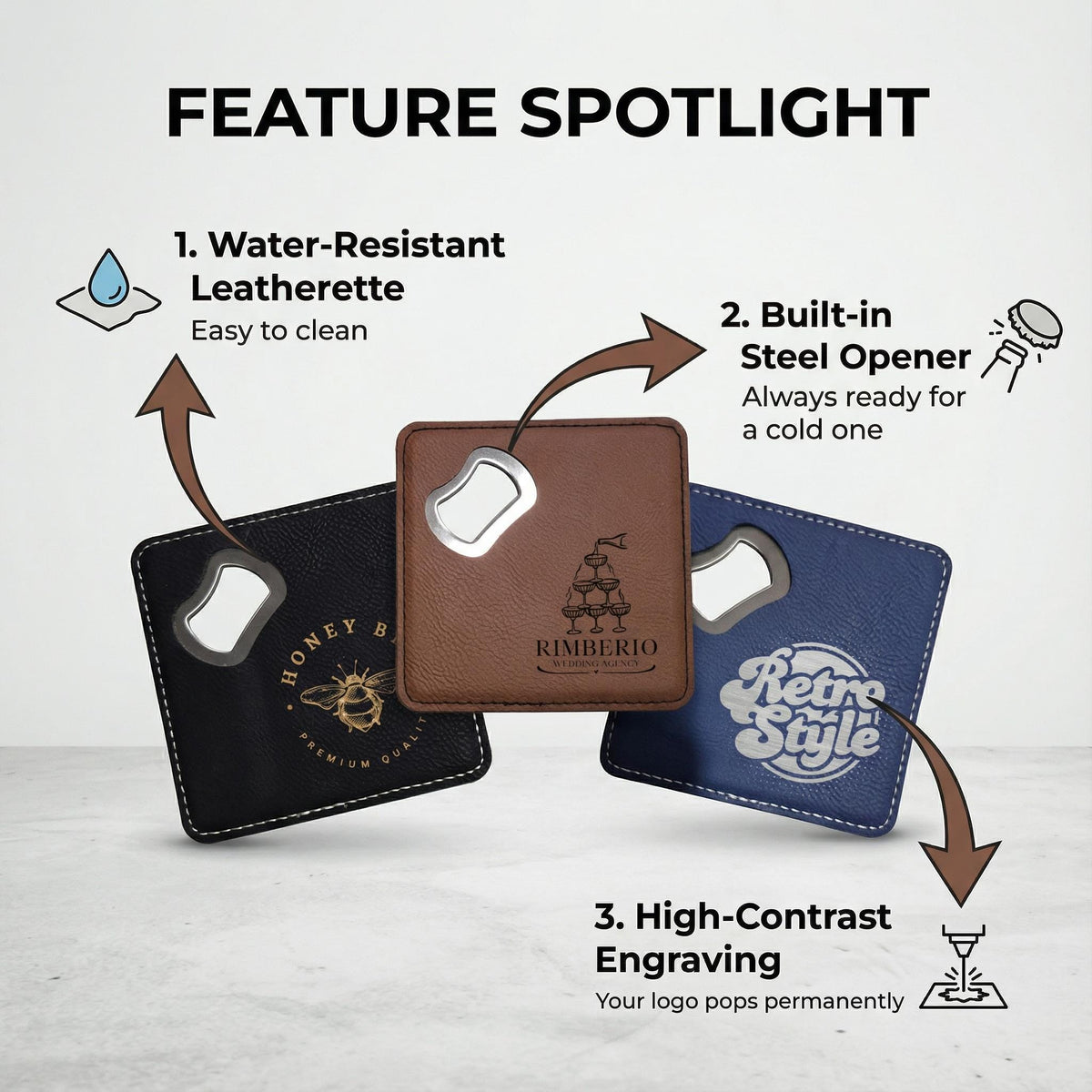 Bulk Custom Leather Coasters with Bottle Opener – Logo Engraved
