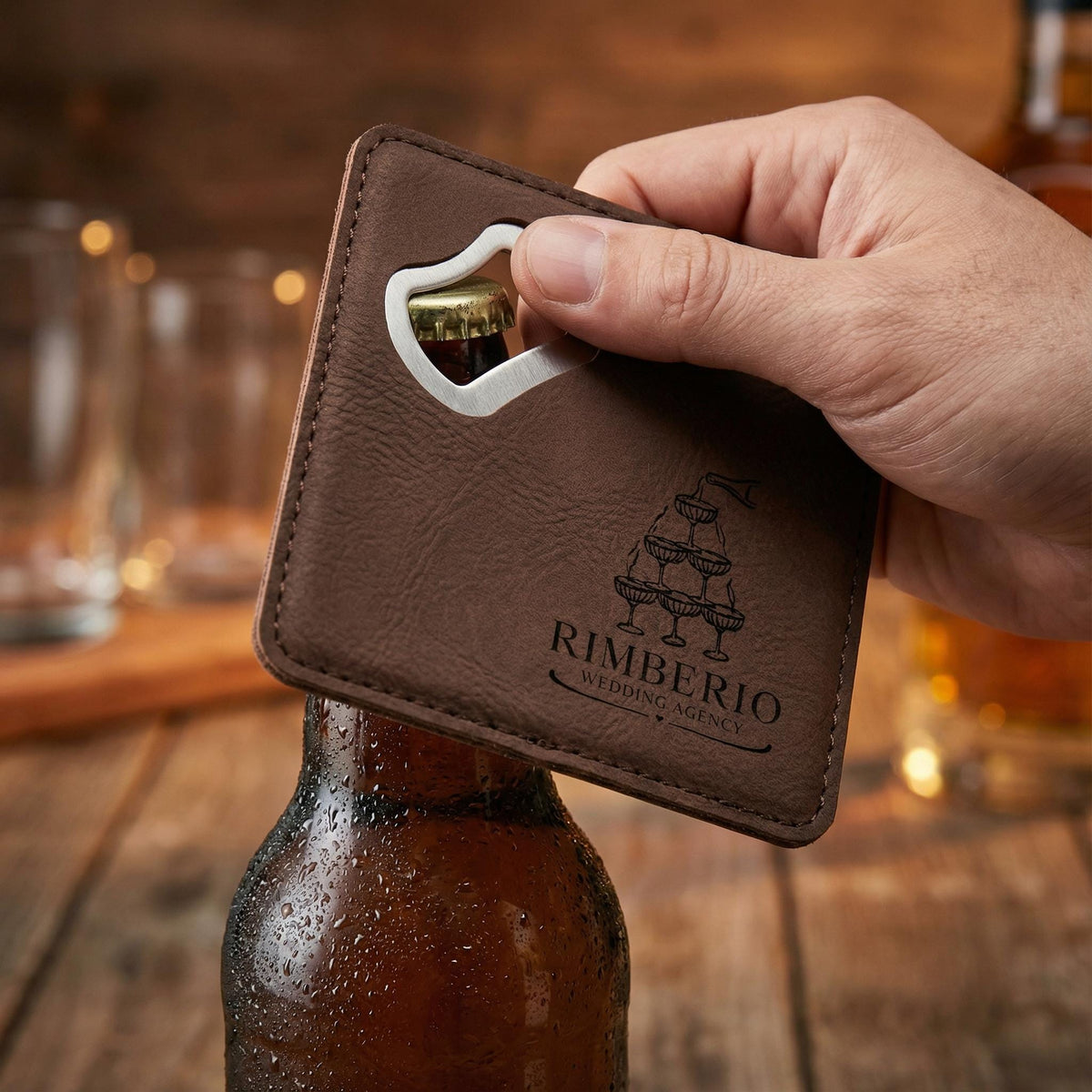 Bulk Custom Leather Coasters with Bottle Opener – Logo Engraved