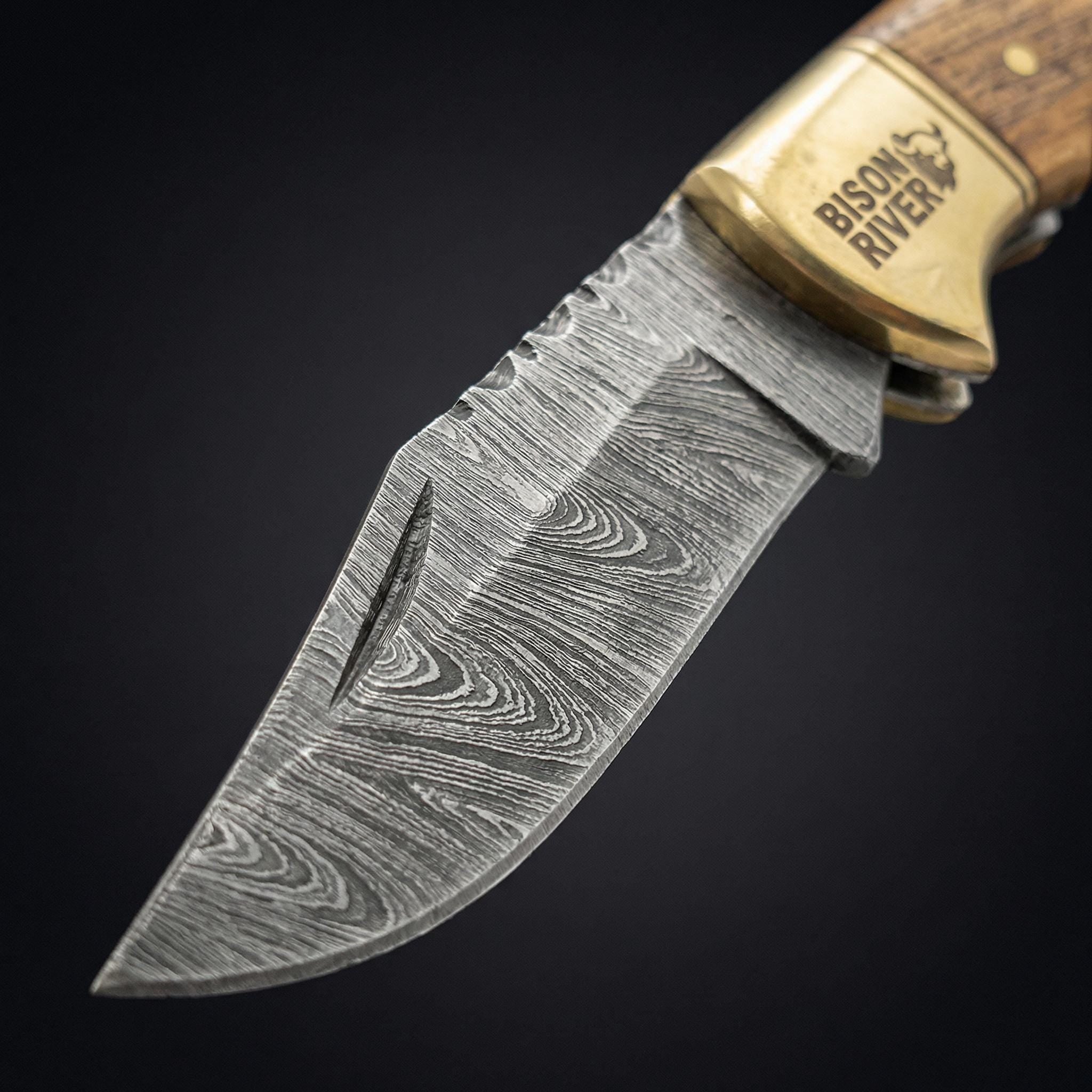 Personalized Damascus Pocket Knife, Engraved Wood Handle Folding Knife with Leather Sheath