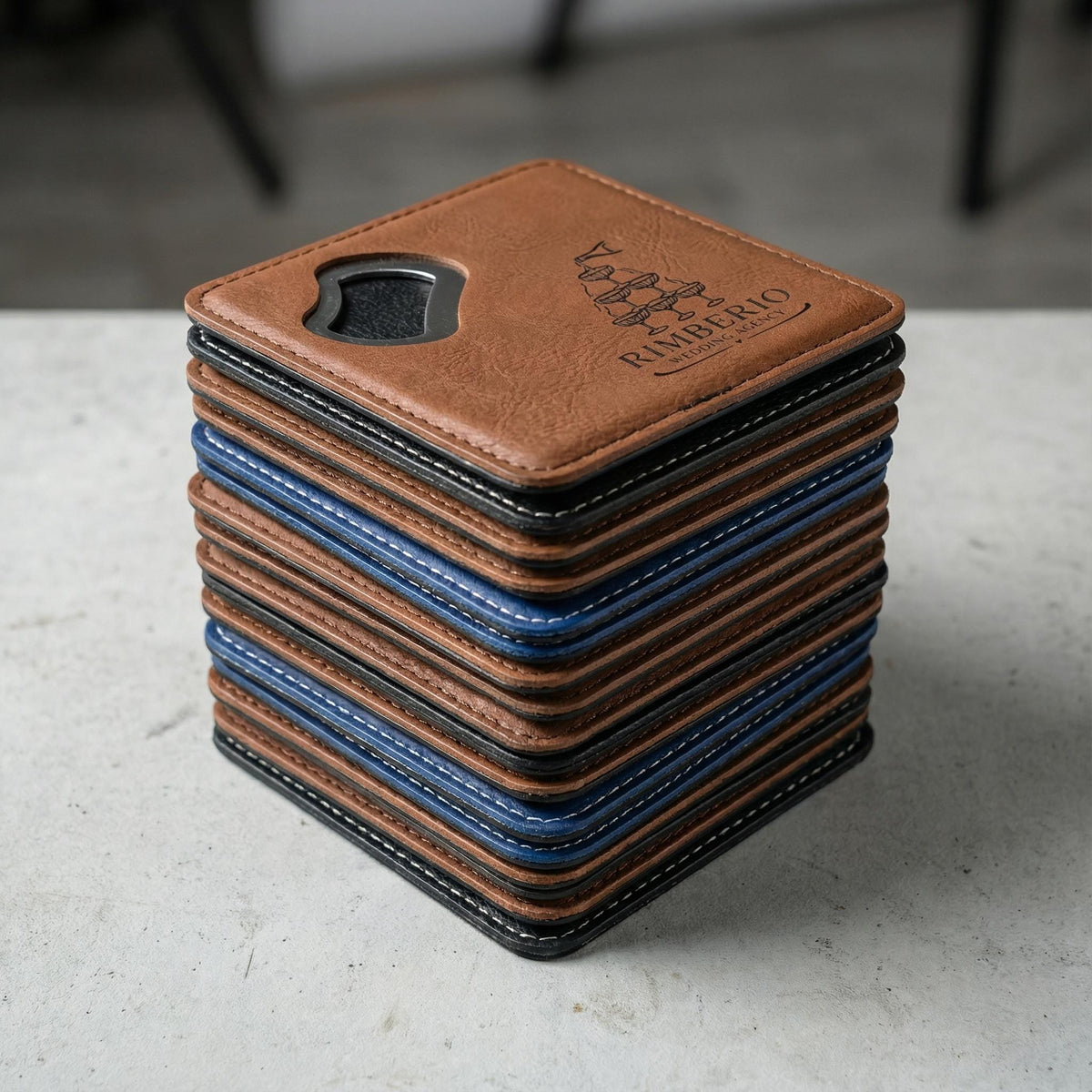 Bulk Custom Leather Coasters with Bottle Opener – Logo Engraved