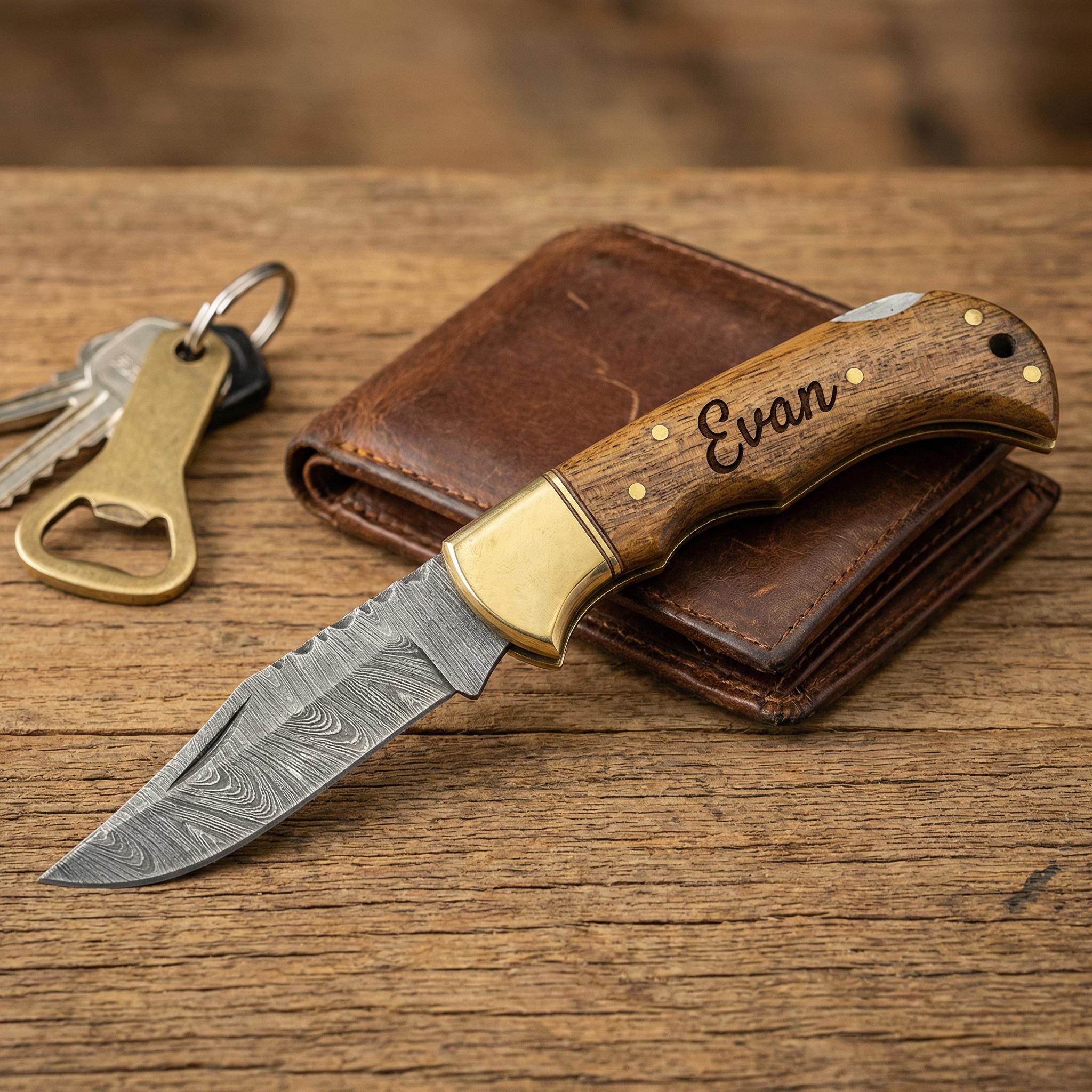 Personalized Damascus Pocket Knife, Engraved Wood Handle Folding Knife with Leather Sheath