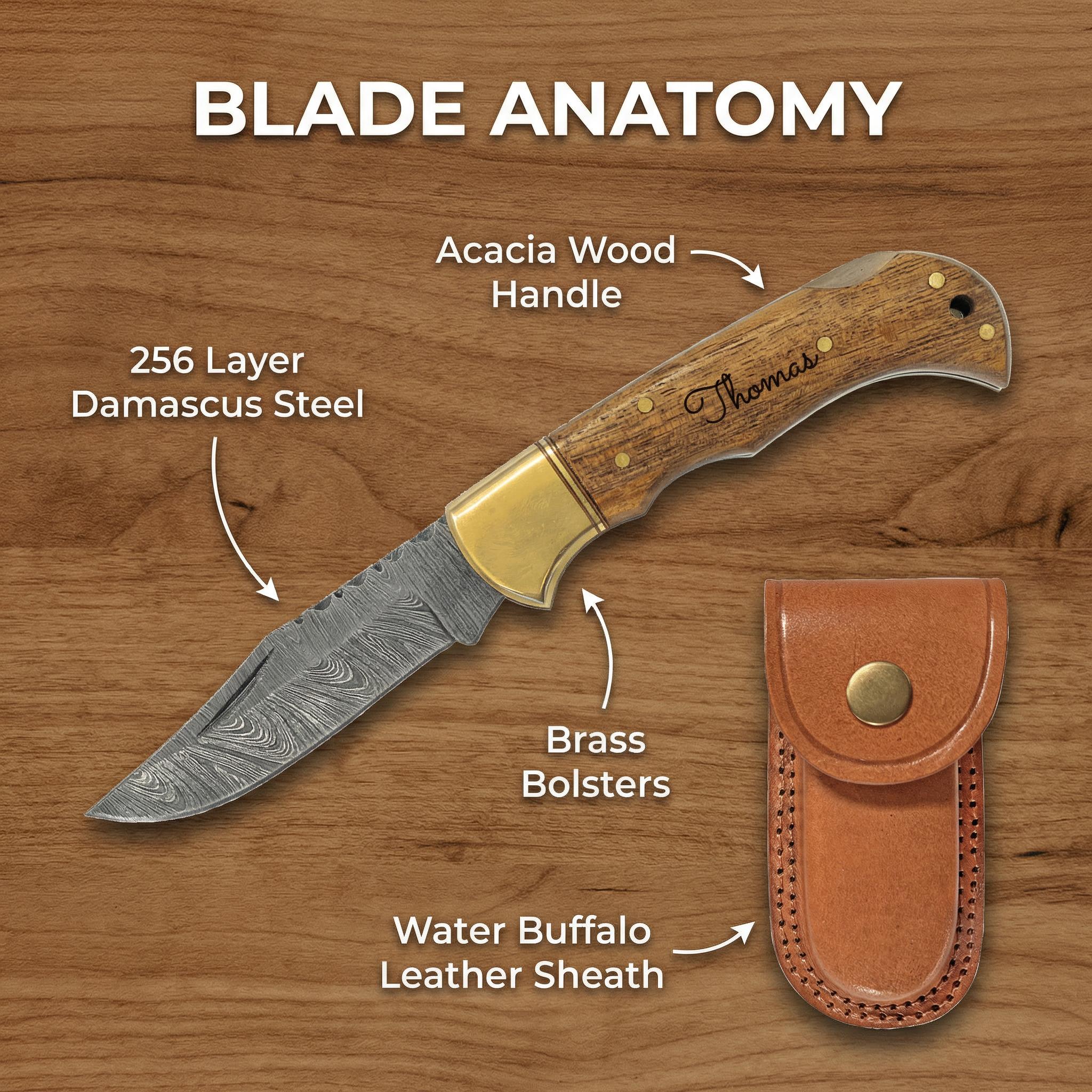 Personalized Damascus Pocket Knife, Engraved Wood Handle Folding Knife with Leather Sheath