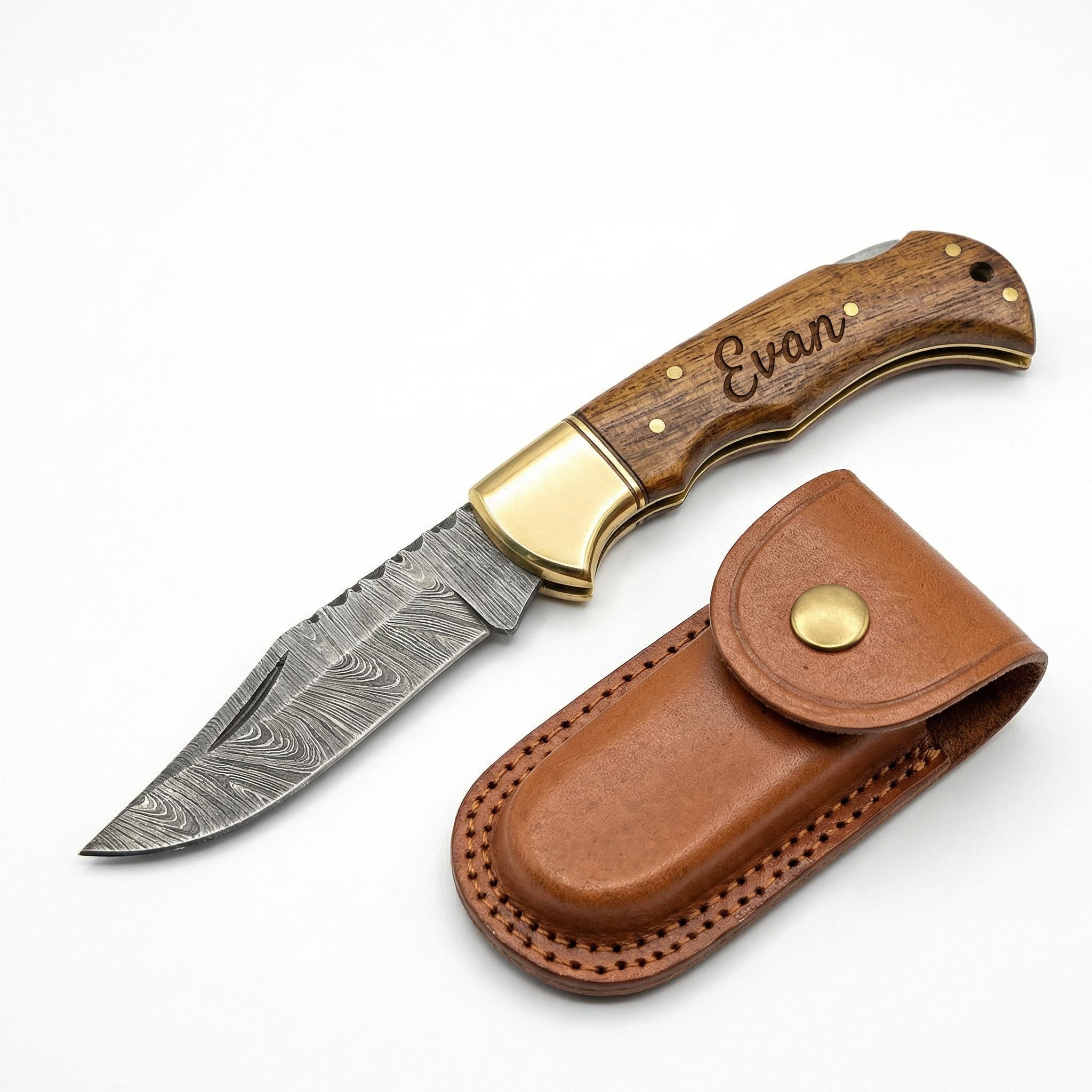 Personalized Damascus Pocket Knife, Engraved Wood Handle Folding Knife with Leather Sheath