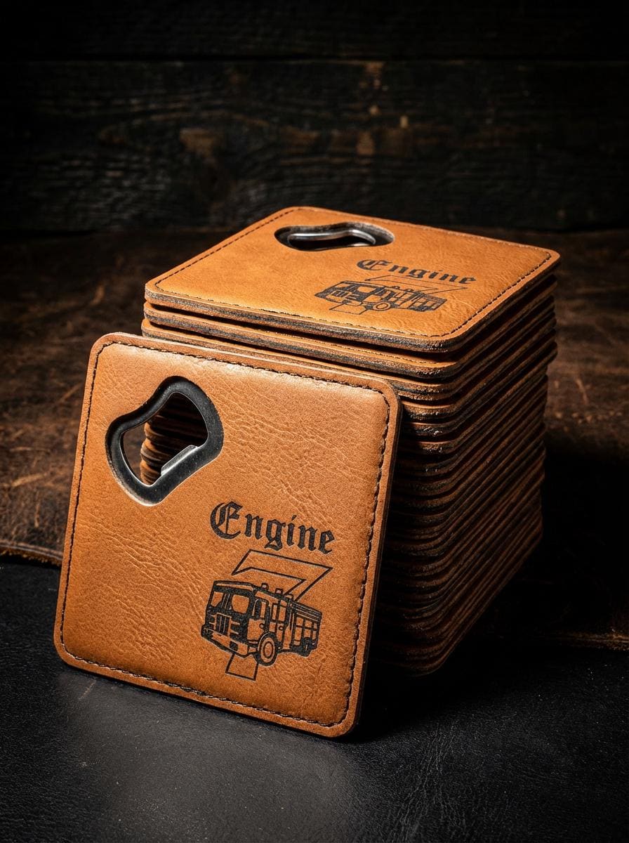 Bulk Custom Leather Coasters with Bottle Opener – Logo Engraved