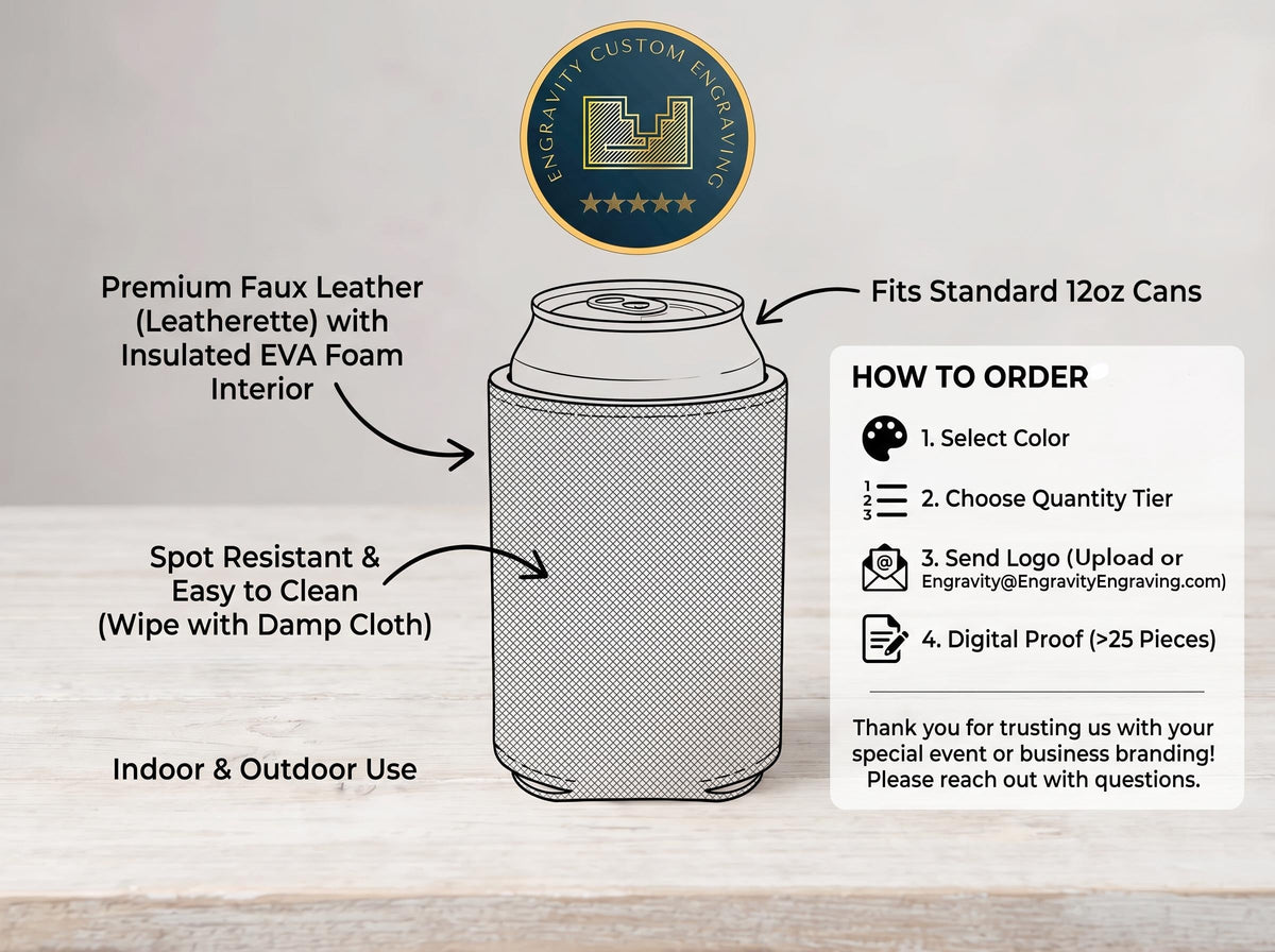 Custom Leatherette Can Cooler with Logo – Bulk Corporate & Event Favors