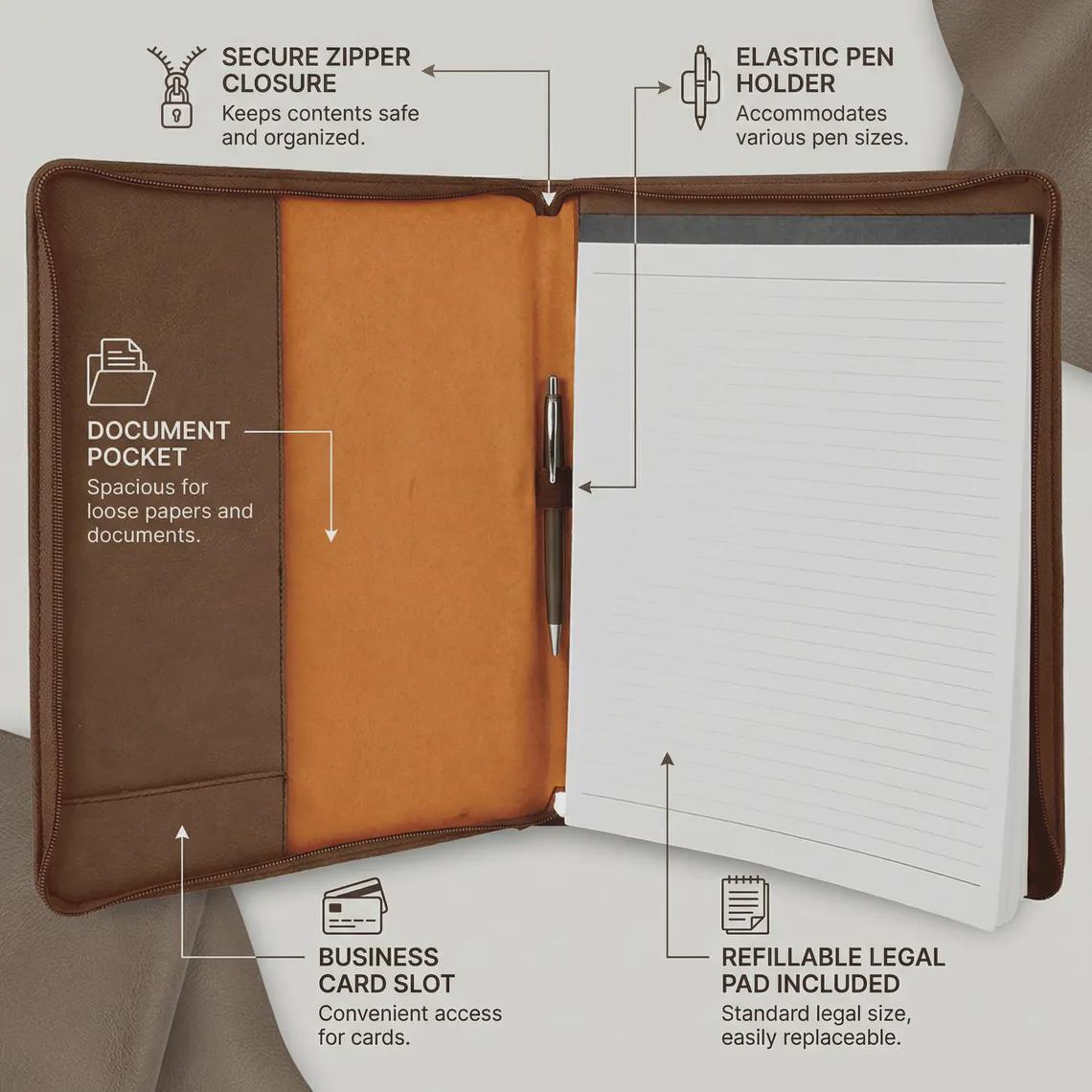 Custom Zippered Padfolio with Company Logo – Bulk Engraved Leatherette Portfolio