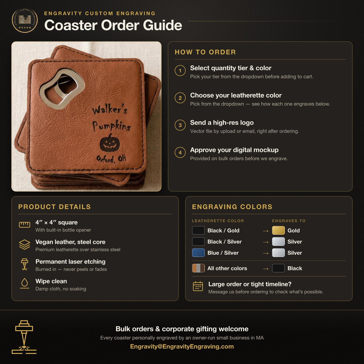 Bulk Custom Leather Coasters with Bottle Opener – Logo Engraved