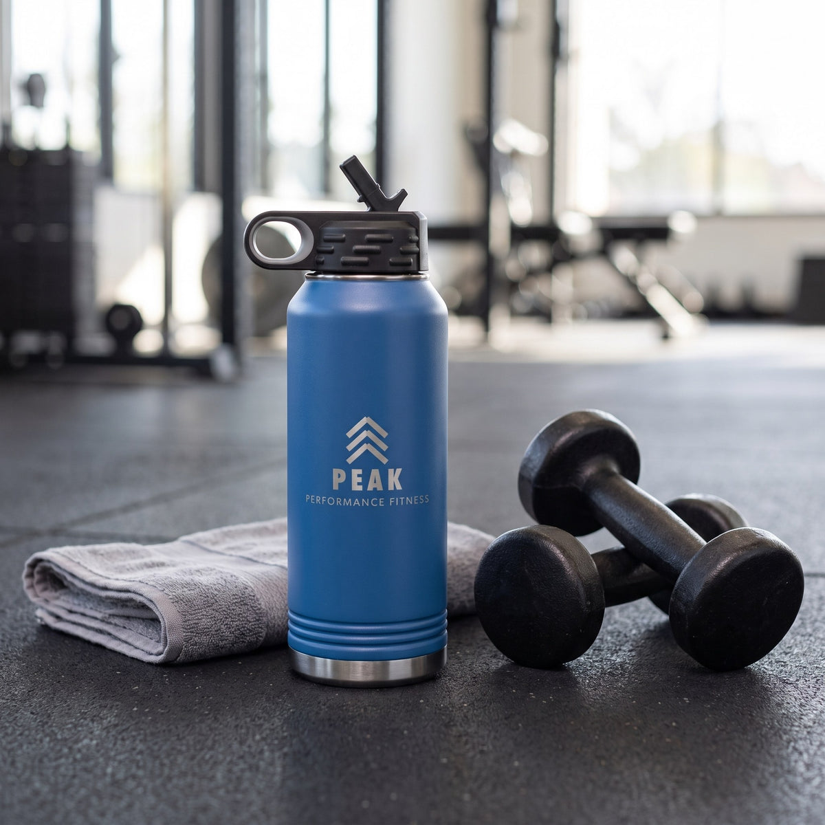 Custom Logo Polar Camel 32 oz Water Bottle – Royal Blue at the gym with sample engraved logo