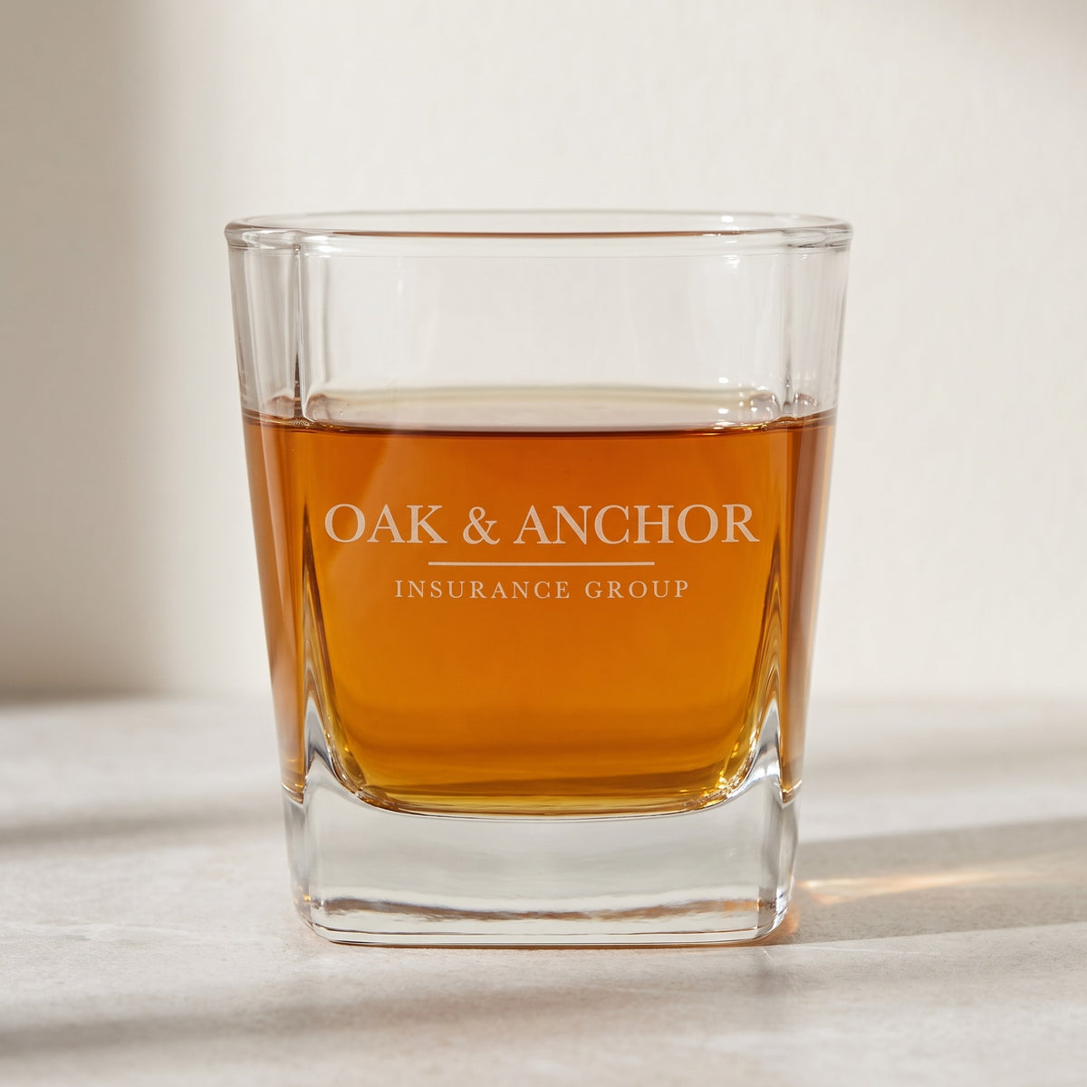Custom Logo Square Rocks Glass 10.5 oz with whiskey, sample etched logo